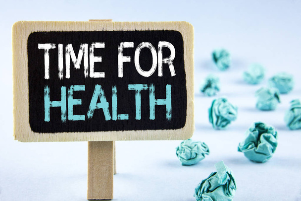 Writing note showing  Time For Health. Business photo showcasing Lifestyle change health awareness wellness nutrition care  written on Wooden Notice Board plain background Paper Balls next to it. - Photo, Image