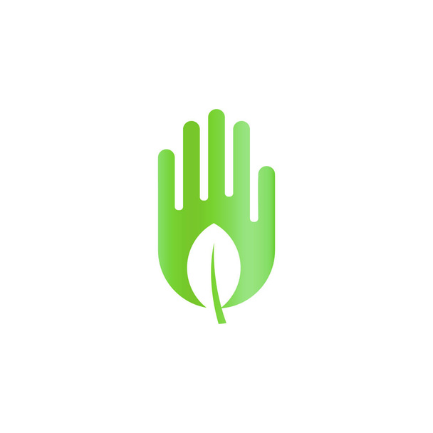 Vihreä lehti kädessä, sato abstrakti ikoni, ekologia hoito symboli, korjuu siluetti valkoisella pohjalla, vektori logo malli
. - Vektori, kuva