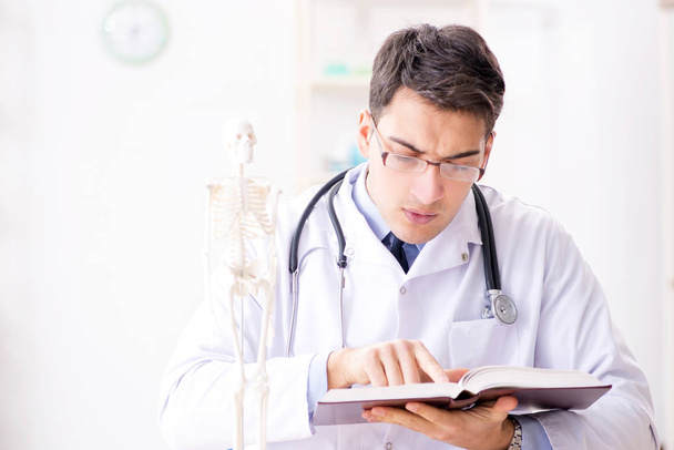 Arzt erklärt menschlichen Körper auf Skelett - Foto, Bild