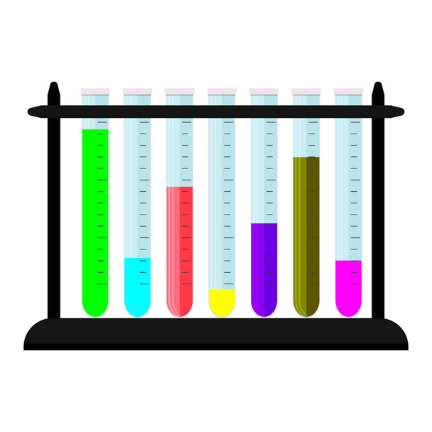 Set de vaso de precipitados con sustancias coloreadas en soporte
 - Vector, Imagen