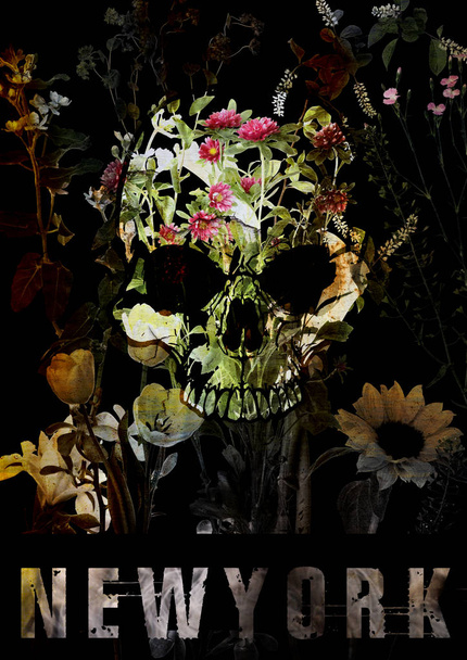 Nueva york tipografía cráneo con flores
 - Foto, Imagen
