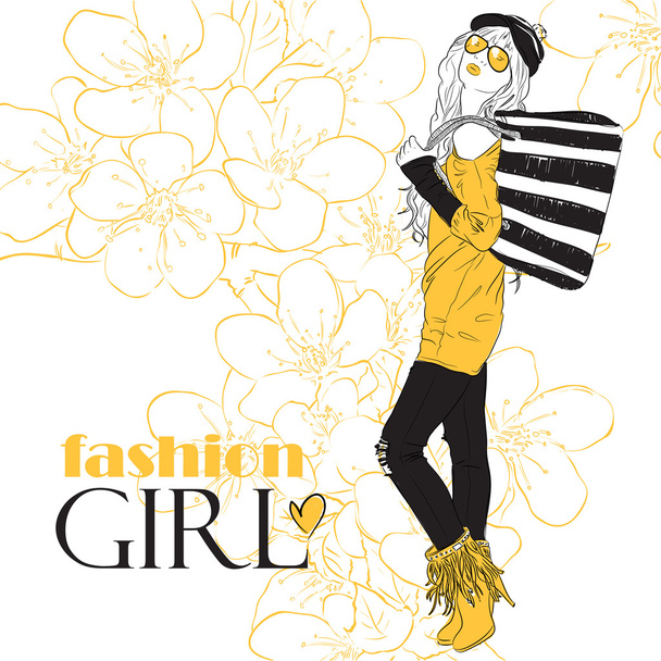 Fashion girl dans le style croquis sur un fond floral.Illustration vectorielle
. - Vecteur, image