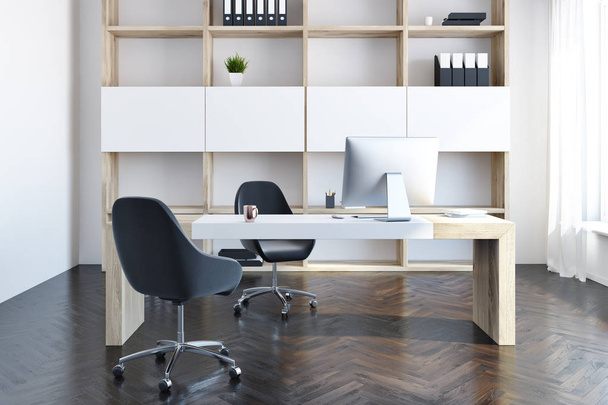 Company manager office interior, wooden bookcase - Foto, afbeelding