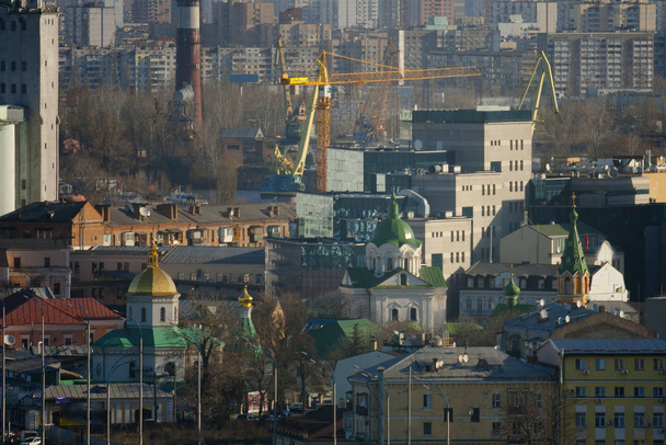 Kiev business and industry city landscape on river, bridge, and  - Фото, изображение