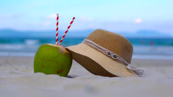 Soyut bir güzel beyaz kum plaj - iki içki tüp ile genç Hindistan cevizi ve deniz okyanus önünde kadın şapkası - Video, Çekim