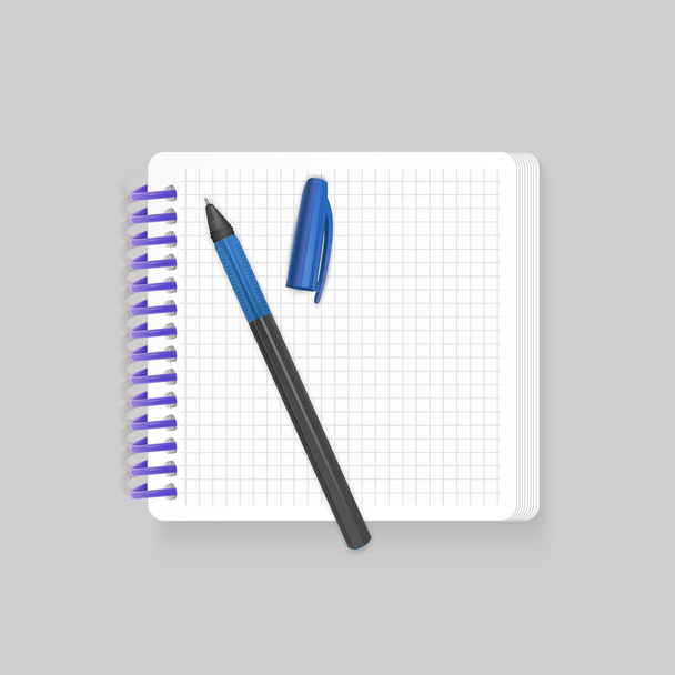 Чистый спиральный блокнот с реалистичной синей ручкой на белом фоне. Отображение макета для ваших записей, векторная иллюстрация
 - Вектор,изображение