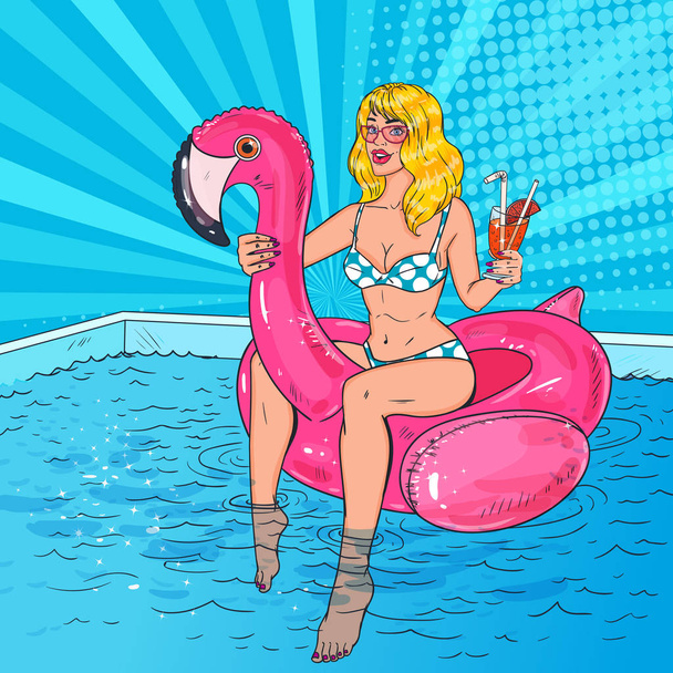 Piękna Blondynka pop-artu pływanie w basenie w Pink Flamingo materac. Glamour dziewczyna w Bikini korzystających lato wakacje. Ilustracja wektorowa - Wektor, obraz