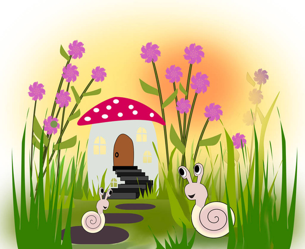 Deux escargots drôles devant un champignon avec porte et fenêtres
. - Photo, image