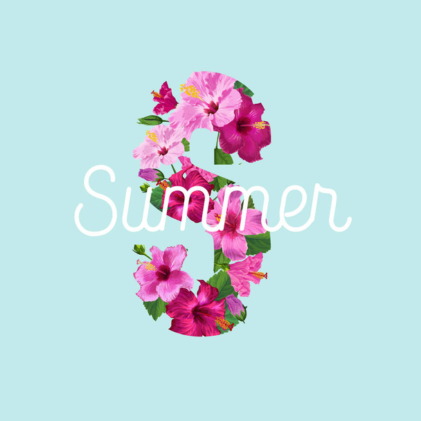 Hallo zomer Poster. Bloemmotief met paarse Hibiscus bloemen voor T-shirt, stof, Party, Banner, Flyer. Tropische Botanische achtergrond. Vectorillustratie - Vector, afbeelding