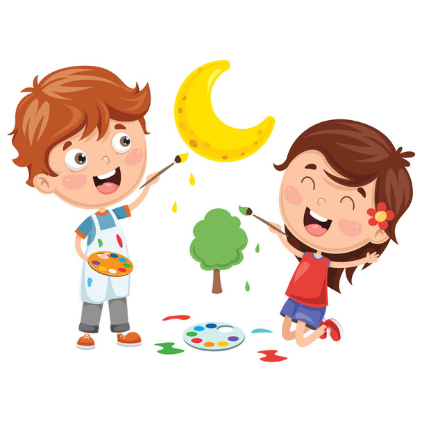 Vector Illustrations Of Kids Painting - Vector, Image