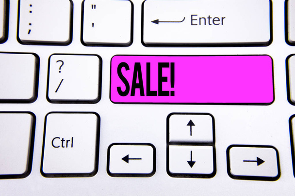 Conceptual hand writing showing Sale Motivational Call. Business photo text Selling goods at reduced prices Make a Sell written on Key Button on White Keyboard with copy space. Top view. - Photo, Image