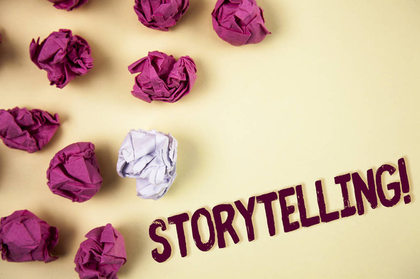 Writing note showing  Storytelling Motivational Call. Business photo showcasing Tell short Stories Personal Experiences written on Plain background Crumpled Paper Balls next to it. - Photo, Image