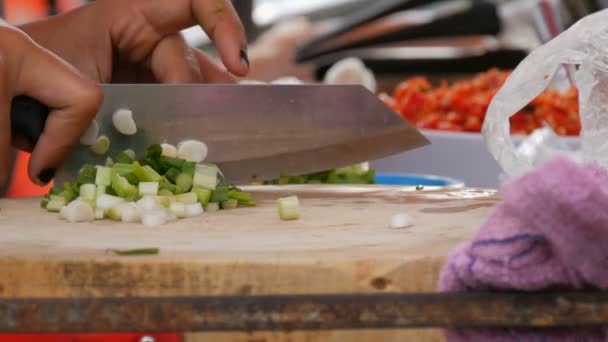 Γυναίκα κόβει χόρτα σε μια κουζίνα με ένα μεγάλο μαχαίρι. Δίπλα από τα λαχανικά και μαγειρικά σκεύη. Φαγητό του δρόμου της Ταϊλάνδης - Πλάνα, βίντεο