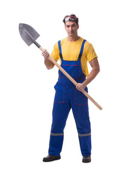 Contractor in blue coveralls with spade on white background - Φωτογραφία, εικόνα