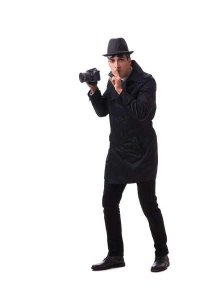 Spion met camera het nemen van foto 's geïsoleerd op wit - Foto, afbeelding