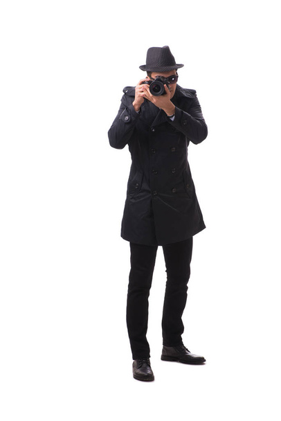 Spion met camera het nemen van foto 's geïsoleerd op wit - Foto, afbeelding