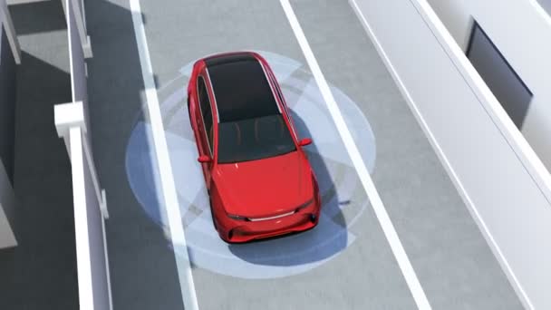 SUV rojo en la calle de un solo sentido vehículo detectado en el punto ciego. Concepto de coche conectado. Animación de renderizado 3D
. - Metraje, vídeo