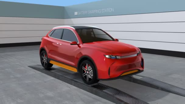 Electric SUV car exchange battery in battery swapping station. Fast battery exchange solution.  3D rendering animation. - Footage, Video