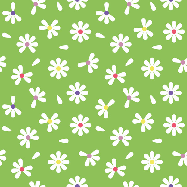 vector seamless repeating illustration vegetative chamomile pattern on green - Vector, Imagen