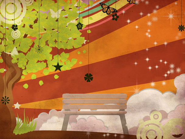 Grunge summer illustration with green tree - Foto, Bild