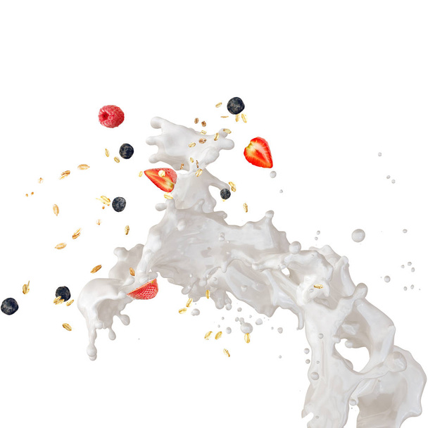 Milk splash with berries and droplets isolated. 3D illustration - Foto, afbeelding