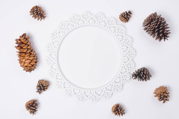 Metal Serving Tray with Pine Cones Flat Lay Top View - Photo, Image