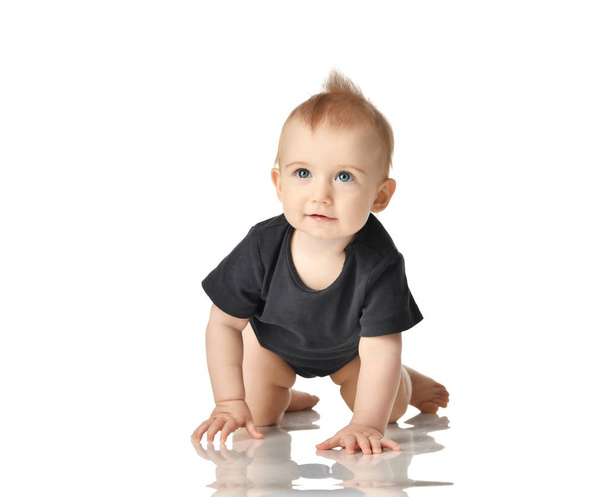 9 maand baby kind baby meisje peuter kruipen in donker grijs shirt geïsoleerd  - Foto, afbeelding