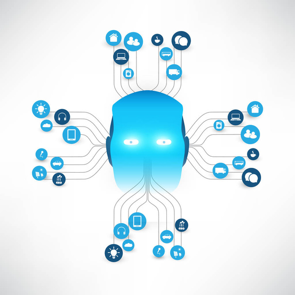 Speech Recognition, Digital Aid, Machine Learning, Artificial Intelligence, Cloud Computing and Networks Design Concept with Icons and Robot Head - Vector, Image