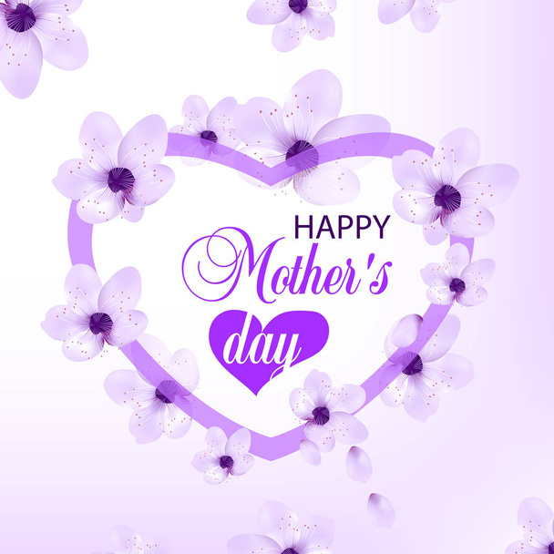 Light background Mothers day with cherry flowers and heart. Design for posters, banners or cards. Vector - Vecteur, image