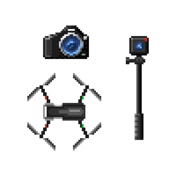 Conjunto de iconos pixelados aislados planos de dispositivos de cámara. Cámara SLR, Drone y Action Cam. Pictogramas vectoriales sobre fondo blanco
. - Vector, imagen