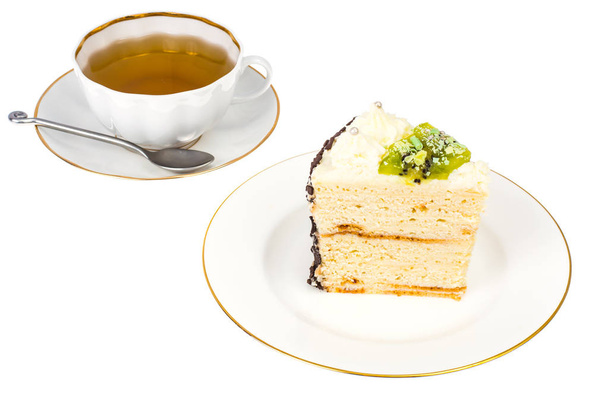 White plate with piece of homemade cottage cheese cake with fruit and custard - Valokuva, kuva
