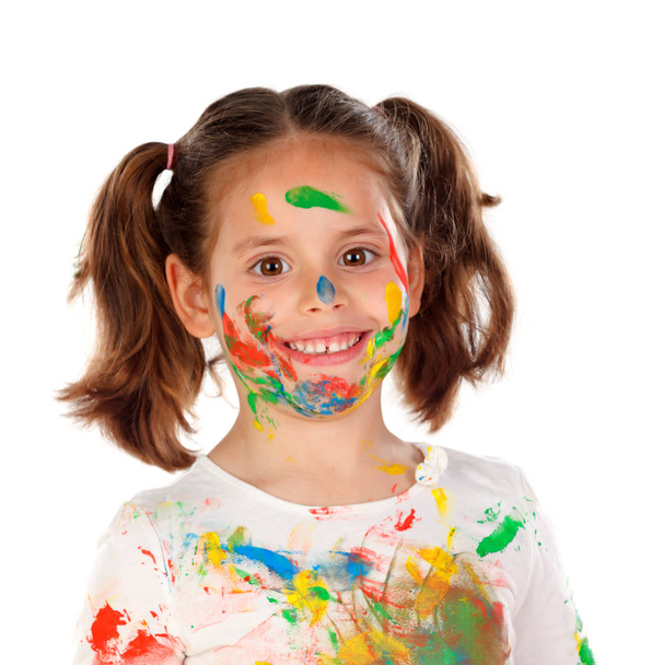 funny girl with face covered with paint isolated on white background - Photo, Image