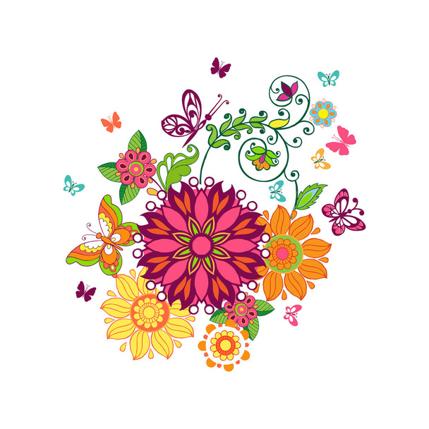 Adorno adornado con flores fantásticas con paisley y mariposas.Ilustración vectorial
. - Vector, Imagen