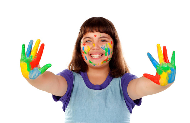 menina engraçada com o rosto e as mãos cobertas com tinta isolada no fundo branco
 - Foto, Imagem