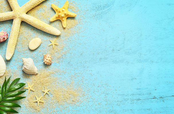 Summer sea background. Seashells, starfish and palm branch on a wooden blue background - Photo, Image