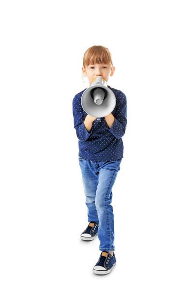 Cute little girl with megaphone on white background - Foto, afbeelding