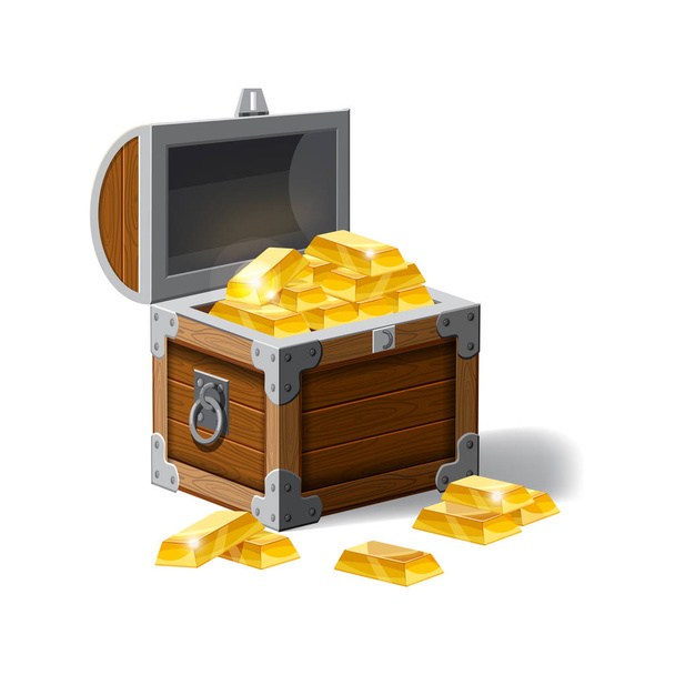 Old pirate chest full of gold bars, vector, cartoon style, illustration, isolated. For games, advertising applications - Vecteur, image