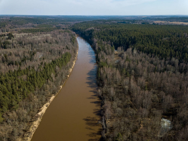 Изображение дрона. воздушный вид на лесную реку весной. Гауя, Латвия
 - Фото, изображение