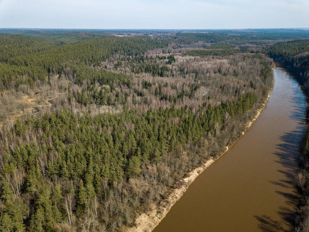 ドローンのイメージ。春の森の川の空撮。Gauja、Latvi - 写真・画像