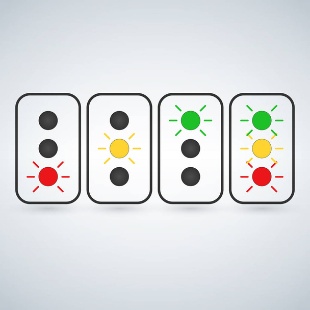 Flash traffic light set or light indicators. traffic lamps, semaphores, green, red, yellow. Vector illustration isolated on modern background. - Vector, Image