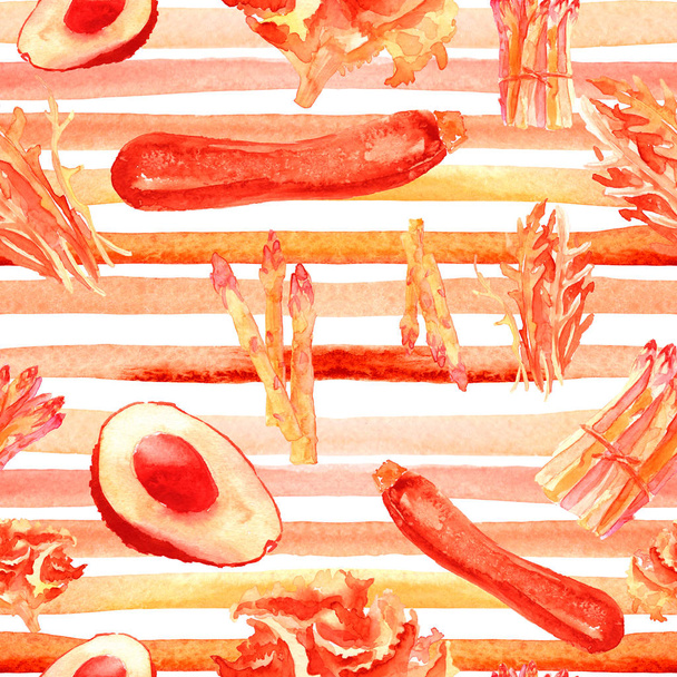 Vegetables Seamless Pattern with Stripes. Repeatable Pattern with Healthy Food.  - Zdjęcie, obraz