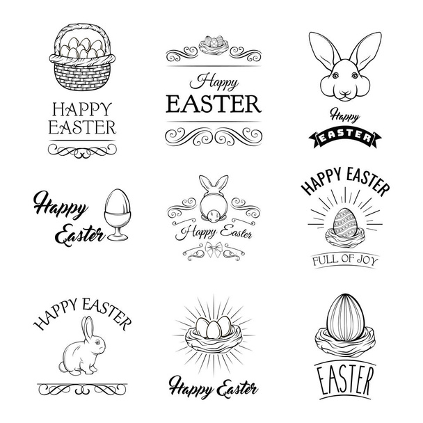 Ensemble de Pâques. Œufs, nid d'oiseaux, lapin, porte-œufs. Des symboles de Pâques. Tourbillons, décoration. Vecteur
. - Vecteur, image