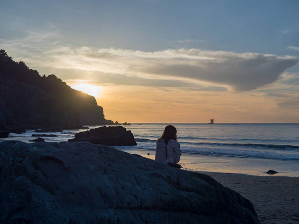 Женщина забирает закат на пляже сзади
 - Фото, изображение