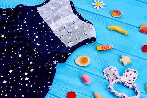 Dark blue baby sundress, accessories. - Photo, Image