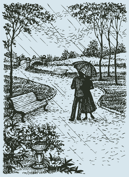 Vector landscape. Young couple with umbrella walking through par - Vector, Image