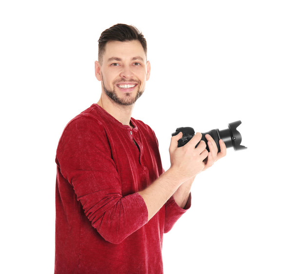 Male photographer with camera on white background - Zdjęcie, obraz
