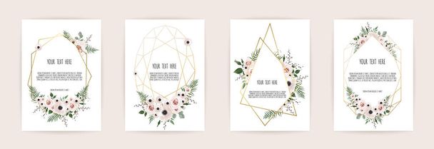 Kaart met bloem roos, bladeren en geometrische frame set. Bruiloft versiering concept. Floral poster, uit te nodigen. Vector decoratieve wenskaart, uitnodiging ontwerp achtergrond - Vector, afbeelding