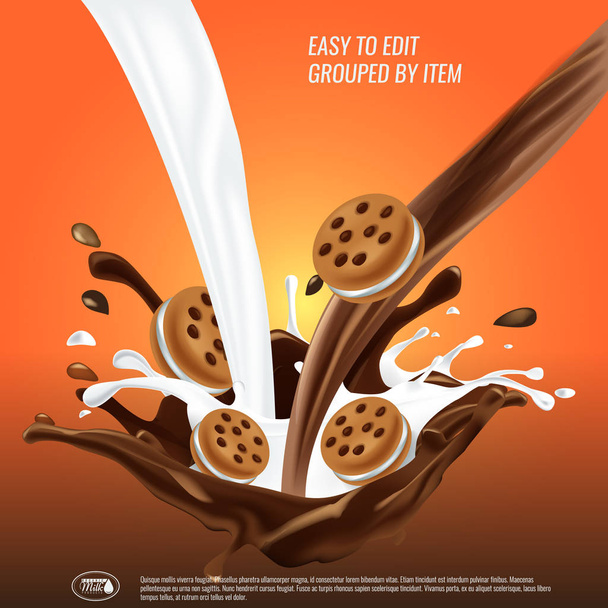 液体チョコレートとミルクの流れと混合、スパッシュ クッキーサンド、3 d ベクトル図. - ベクター画像