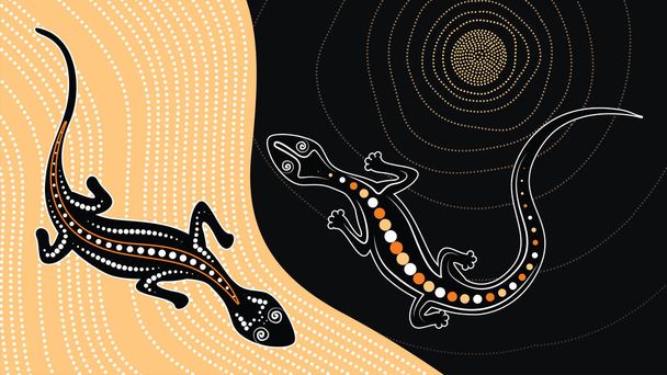     Vector lagarto, Fondo de arte aborigen con lagarto, Ilustración del paisaje basada en el estilo aborigen de la pintura de puntos
.  - Vector, imagen