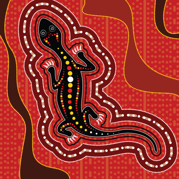     Vector lagarto, Fondo de arte aborigen con lagarto, Ilustración del paisaje basada en el estilo aborigen de la pintura de puntos
.  - Vector, Imagen